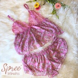 Spree Intimates 2pc Pink Floral Mesh Camisole Babydoll Nightie Set Size 1X or 2X